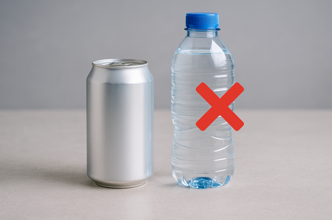 캔음료와 생수병에 붉은 X 표시가 있는 사진, 고온 차량 내부에서의 음료 보관 위험 안내