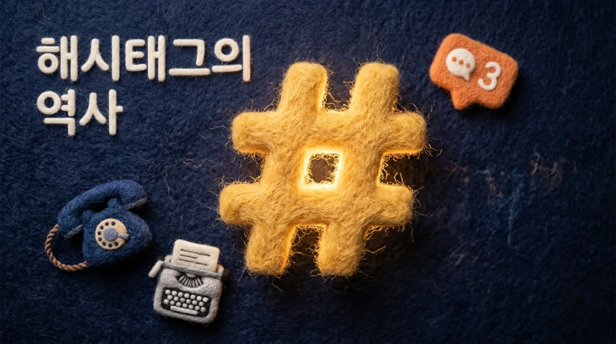 황금빛 양모로 만든 해시태그 기호와 역사를 상징하는 펠트 전화기, 타자기, SNS 아이콘이 함께 표현된 니들 펠트 이미지