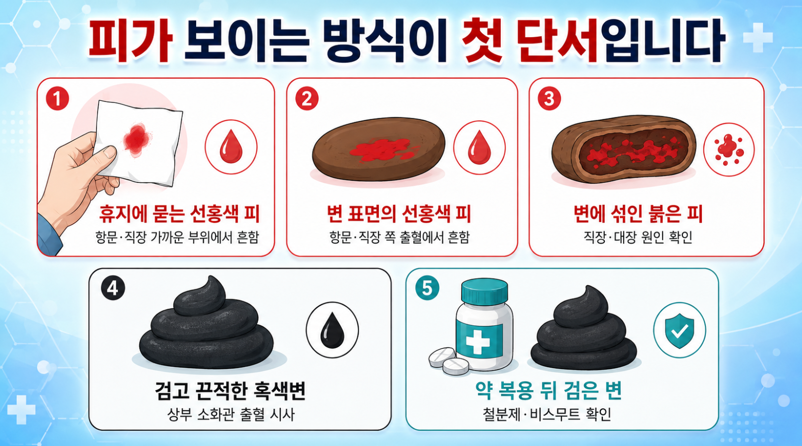휴지에 묻는 선홍색 피부터 흑색변과 약 복용 후 검은 변까지 피가 보이는 방식을 비교한 인포그래픽