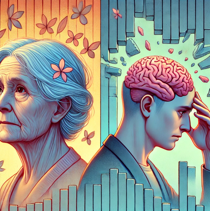 알츠하이머병 (왼쪽) : 흐릿한 사진들이 배경에 떠 있음 → 점진적인 기억 소실을 시각적으로 표현,
혈관성 치매 (오른쪽) : 좌절한 표정과 머리를 감싸 쥔 모습 → 갑작스럽거나 단속적인 인지 저하를 상징