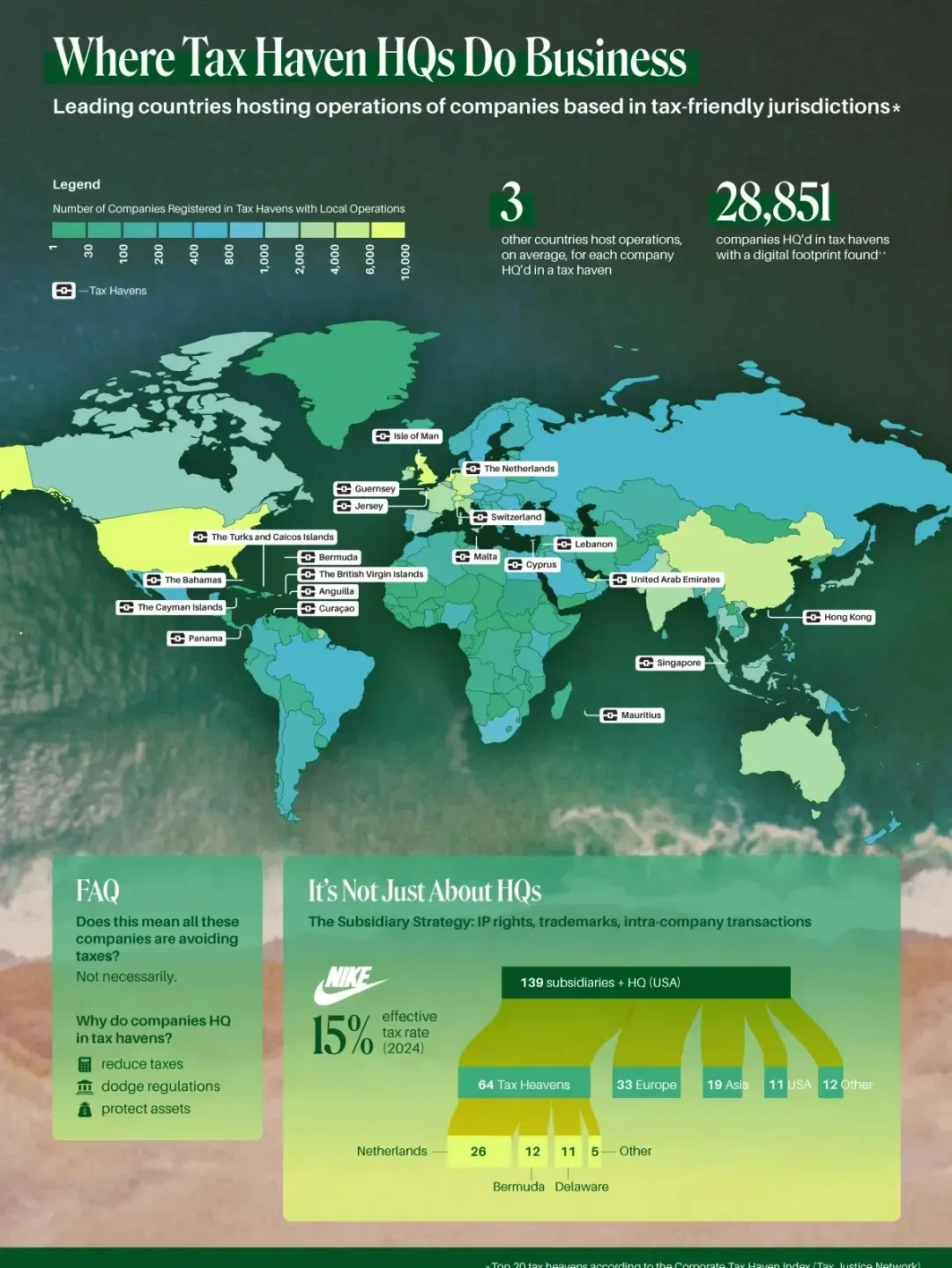 조세 회피처에 본사를 둔 기업들의 전 세계 사업 운영 현황을 보여주는 지도