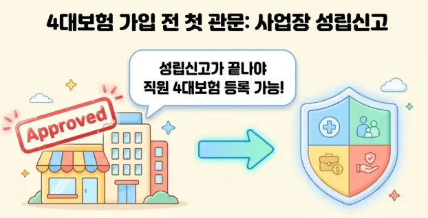 직원 1명 채용 시 체크리스트: 직원 4대보험 가입을 위한 첫 관문인 '사업장 성립신고'의 중요성을 설명하는 이미지입니다. 가게 건물 일러스트에 'Approved(승인)' 도장이 찍혀 있으며, 화살표를 통해 성립신고가 완료되어야만 직원의 4대보험(국민연금, 건강보험, 고용보험, 산재보험) 등록이 가능하다는 점을 직관적으로 보여줍니다. 1인 고용 사장님이 4대보험 업무 전 알아야 할 기본 절차입니다.