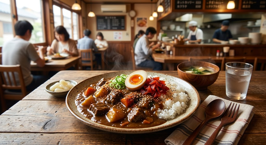 따뜻한 김이 피어오르는 카레라이스가 넓은 도자기 접시에 담겨 있습니다. 카레에는 큼직한 고기와 당근, 감자가 들어있고, 밥 위에는 반으로 자른 반숙 계란 장조림, 썰은 파, 붉은색 장아찌(후쿠진즈케)가 고명으로 올려져 있습니다. 접시 오른쪽에는 미소시루(된장국) 한 그릇과 얼음물 한 잔, 천 킨 위에 올려진 나무 숟가락과 포크가 놓여 있습니다. 왼쪽에는 락교가 담긴 작은 종지가 있습니다.
배경: 목재 인테리어로 꾸며진 따뜻한 분위기의 일본식 식당 내부입니다. 카운터 주방에서는 요리사들이 일하고 있으며, 테이블 및 카운터 석에서 손님들이 식사를 즐기고 있습니다.