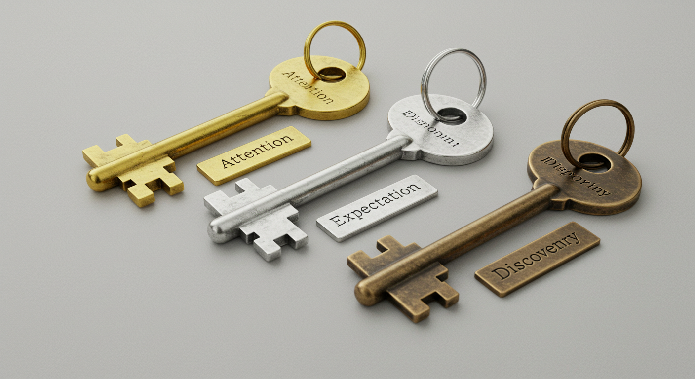 주의·기대·탐색을 여는 세 개의 상징적 열쇠로 커리어 전략의 핵심을 표현한 개념 이미지