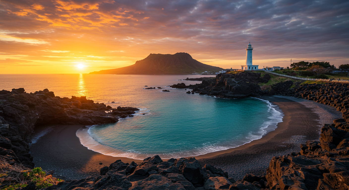 성산일출봉 일출, 광치기해변의 썰물 풍경, 섭지코지 등대와 해안 절벽.