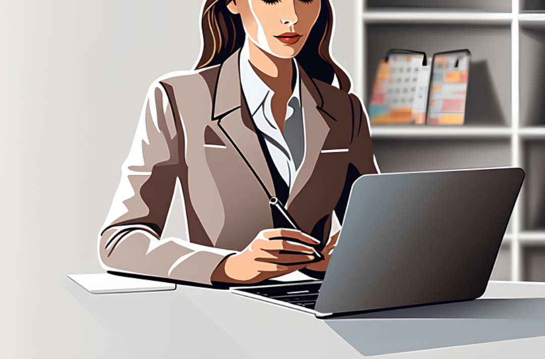 한 여성이 노트북으로 업무를 보고 있다.