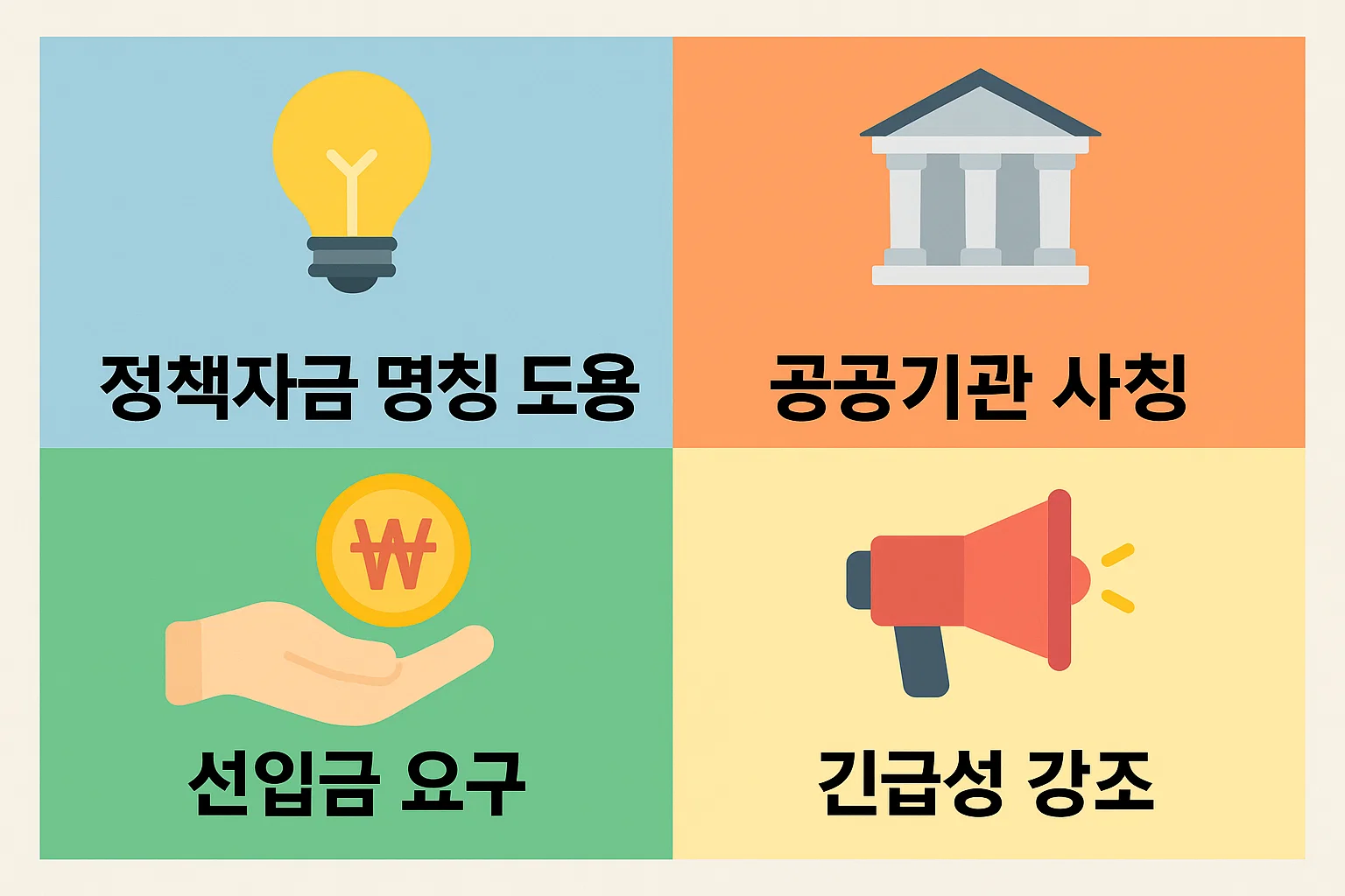 정부지원 대출 사기에서 정책자금 명칭 도용, 공공기관 사칭, 선입금 요구, 긴급성 강조 등 실제로 반복되는 사기 수법을 한눈에 정리한 이미지입니다