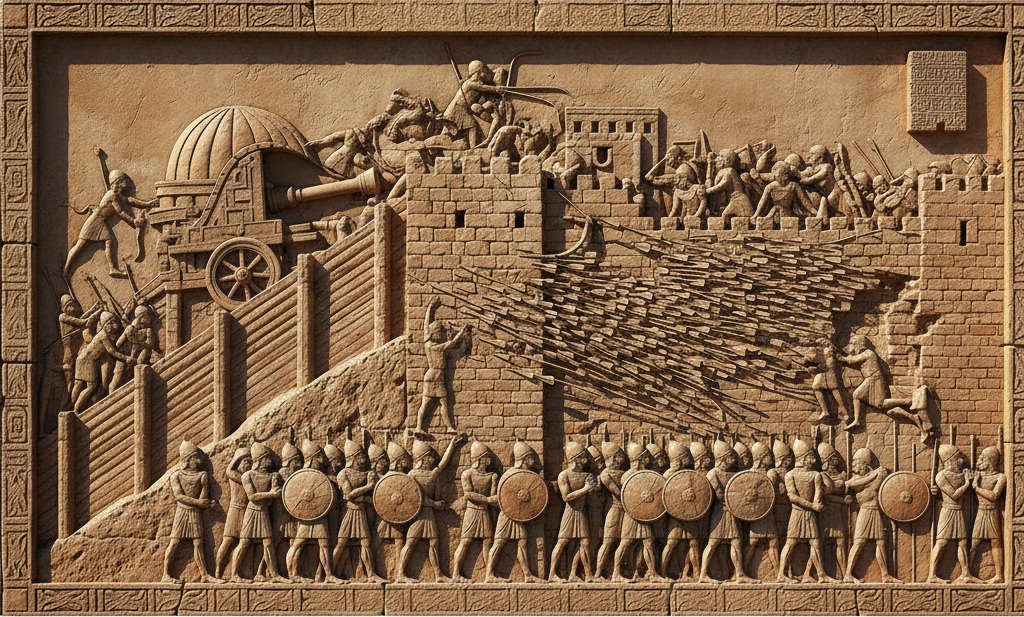 Detailed reconstruction of the Assyrian relief depicting the Siege of Lachish, showing soldiers, siege ramps, and ancient warfare tactics under Sennacherib.