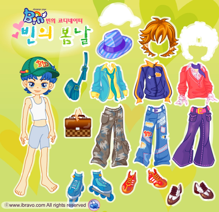 빈의-봄날-코디네이터-옷입히기-플래시게임-플레이-빈의-헤어스타일과-색상을-파란색으로-바꾸고-초록색-모자를-씌워준-화면