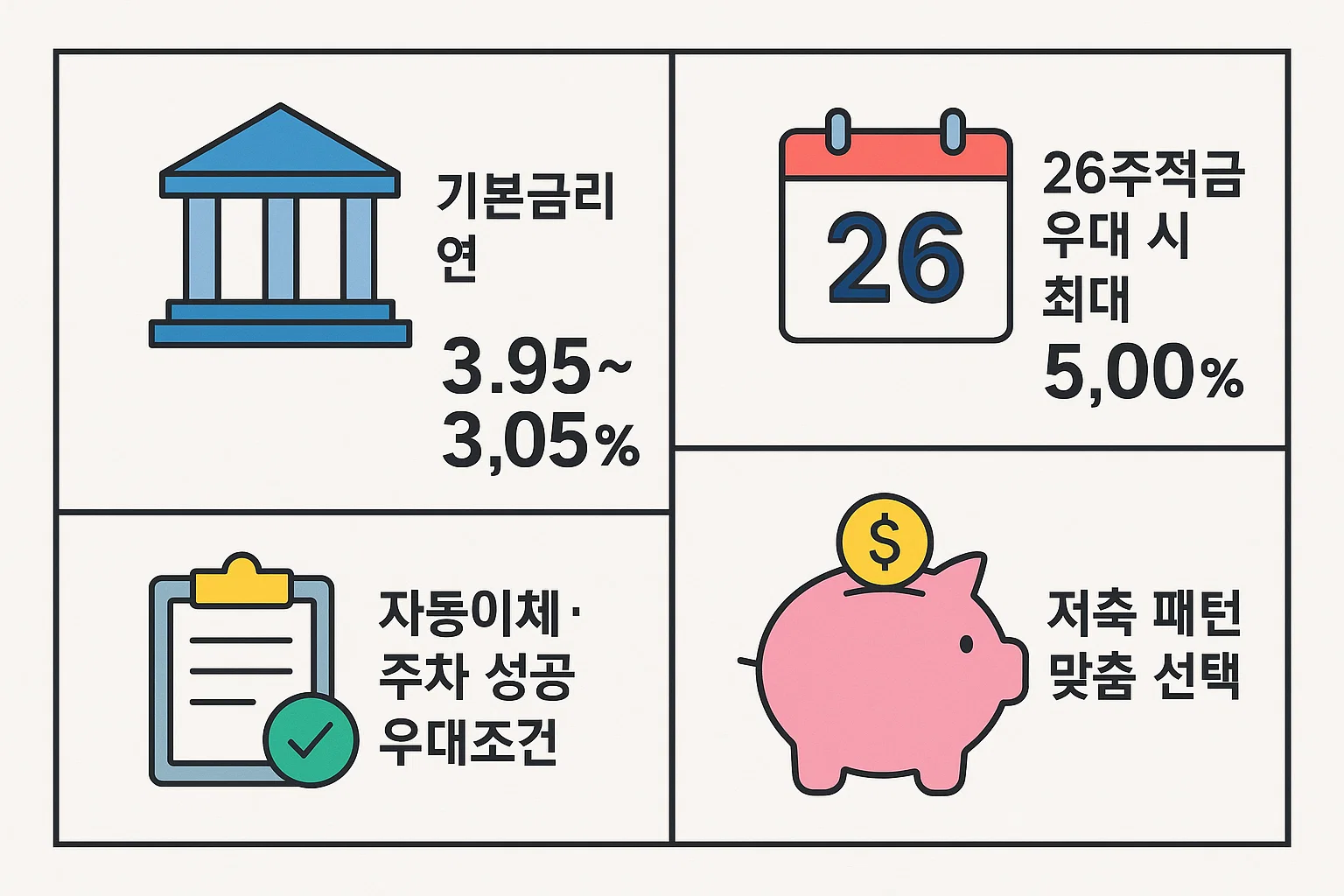 카카오뱅크 예금금리 3.95~3.05% 범위, 26주적금 우대 시 최대 5.00%, 자동이체 및 주차 성공 우대조건, 저축 패턴 설정 등 핵심 금리 요소를 요약한 인포그래픽