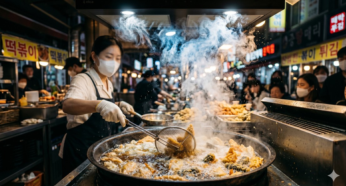 고온의 기름에서 튀겨지는 음식과 그 위로 발생하는 증기