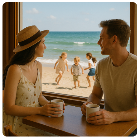 바다에서 뛰어 노는 아이들을 처다 보는 연인 사진