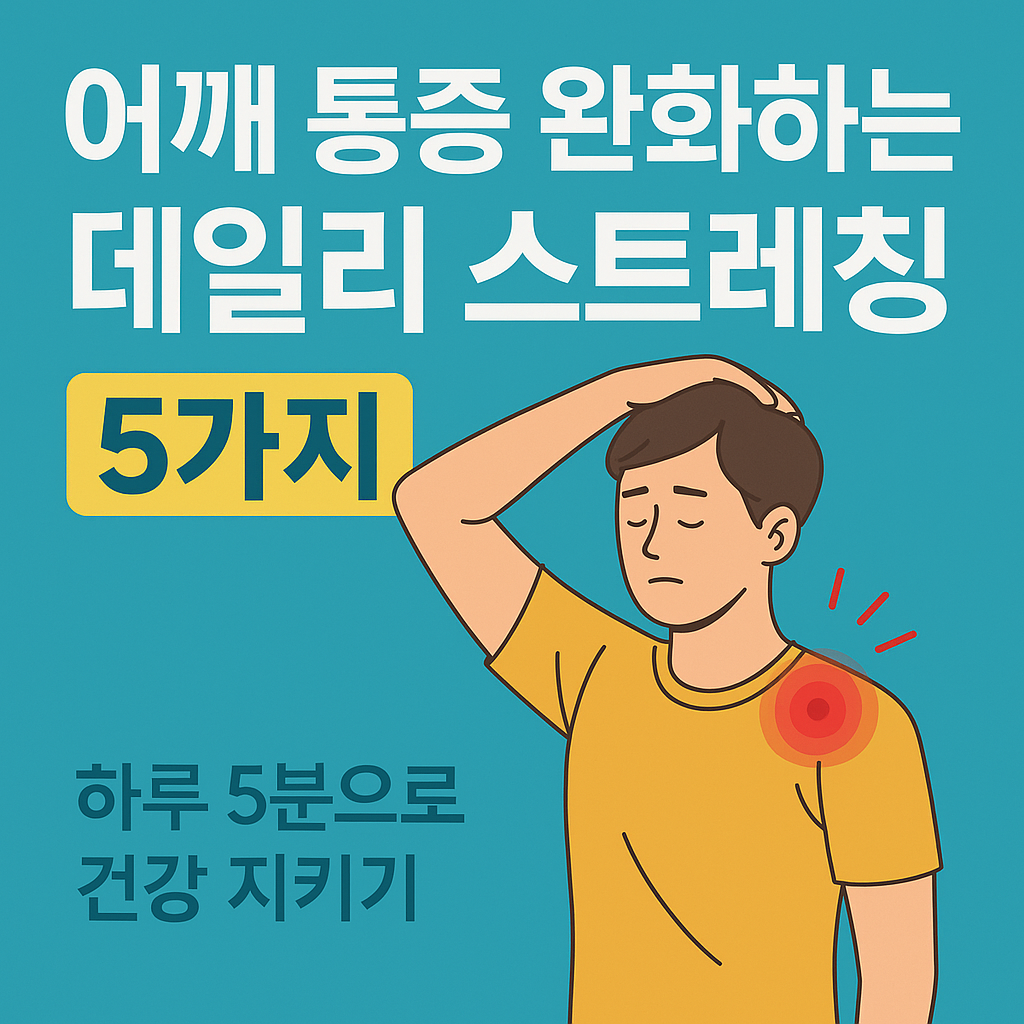 어깨 통증 완화를 위한 데일리 스트레칭 5가지를 소개하는 일러스트 이미지