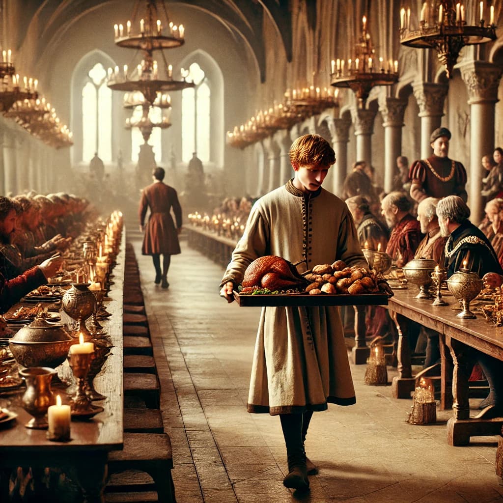 중세 유럽 궁정 연회에서 음식을 배달하고 있는 음식 배달부(Food Runner) 이미지
