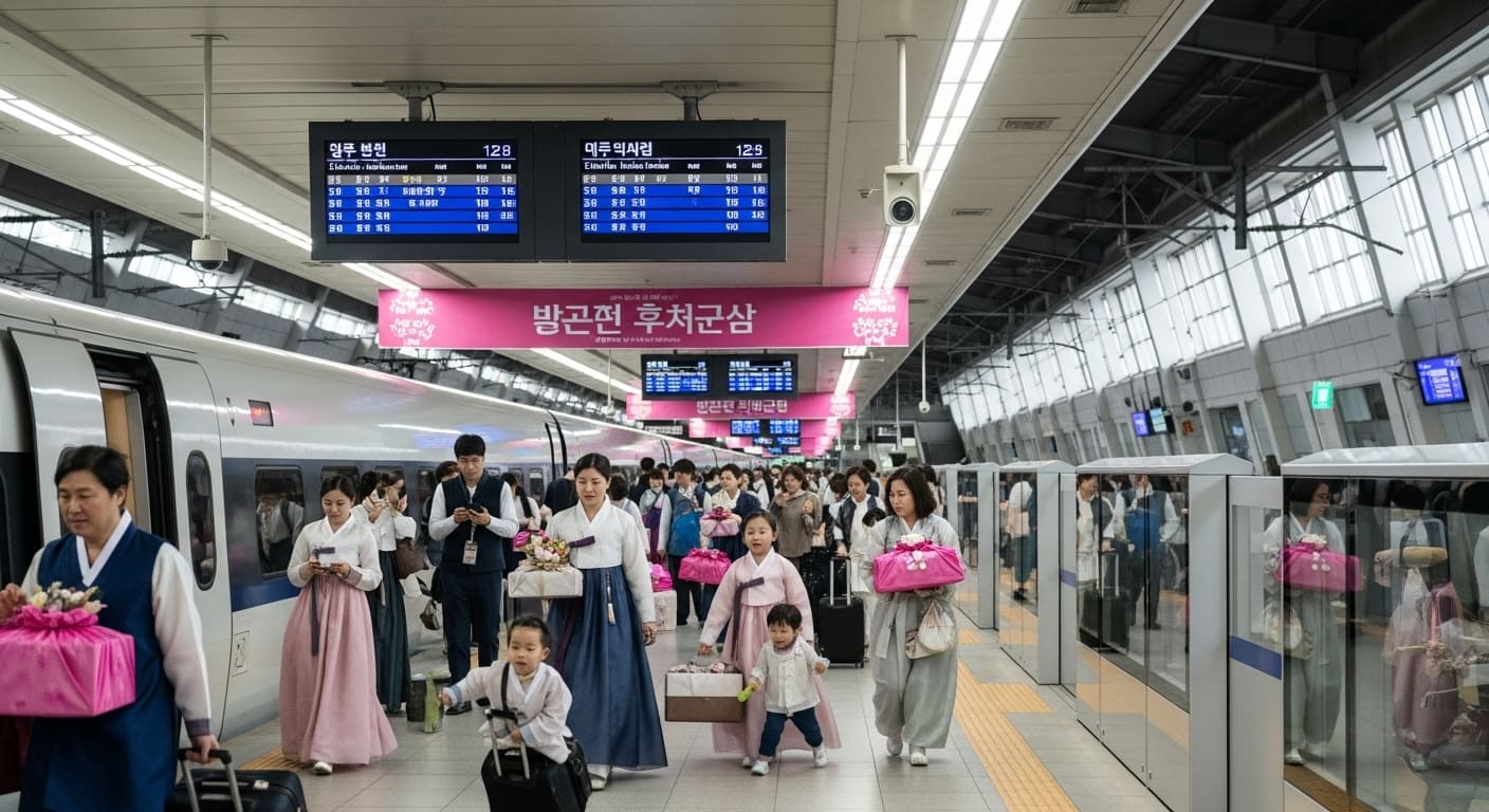 추석 귀성객으로 붐비는 기차역 대합실