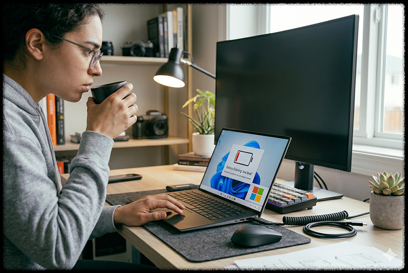 노트북 배터리를 완전히 방전 후 다시 충전하는 모습