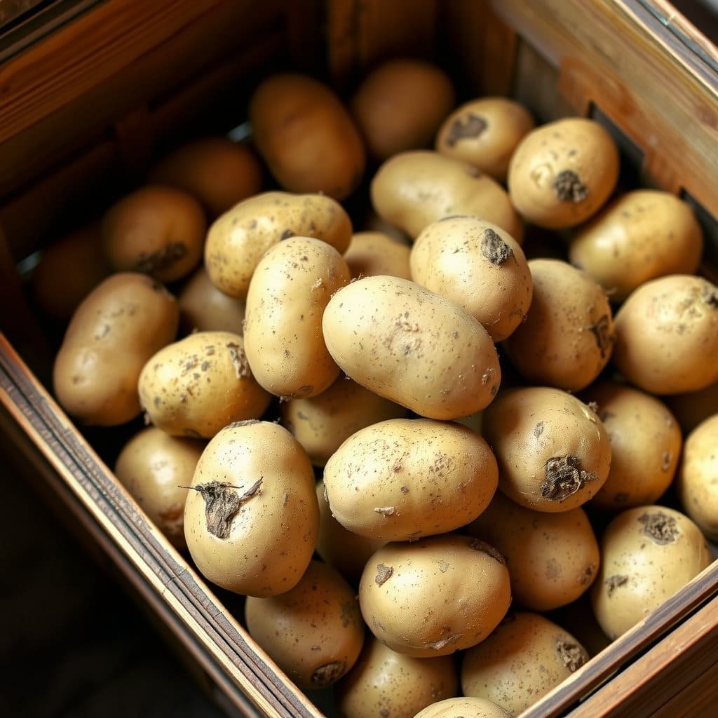 흙이 적당히 묻어 있고 싹이 나지 않은, 단단하고 매끈한 감자들이 바구니나 나무 상자에 담겨 있는 모습입니다. 신선하고 건강한 감자를 고르는 것이 중요함을 시각적으로 보여줍니다.