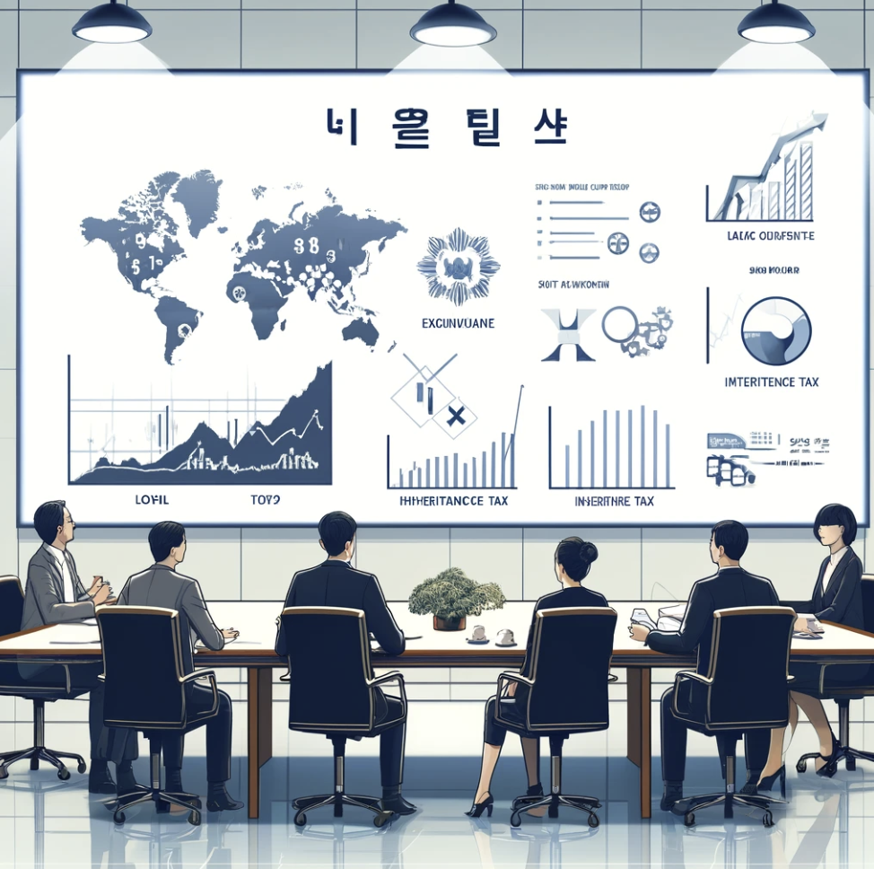 기업 내 전문가들이 회의실에서 주식 평가 및 상속세 전략을 논의하는 장면