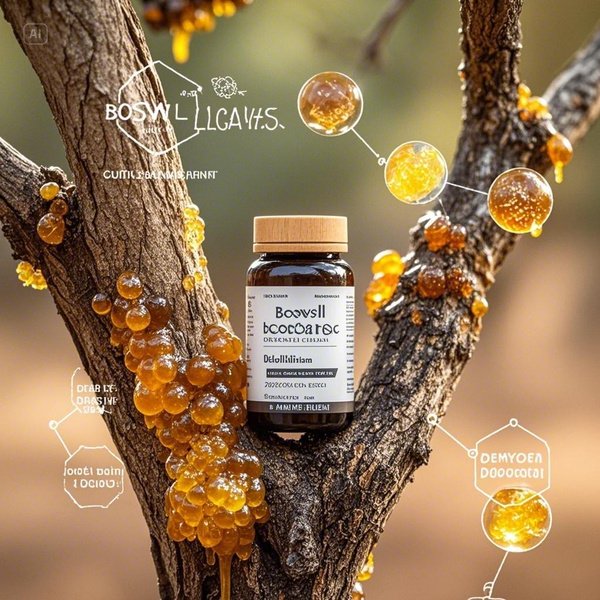 스웰리아 나무와 그 수지, 관절 모형, 항염증 효과를 나타내는 다이어그램, 다양한 형태의 보스웰리아 서플리먼트