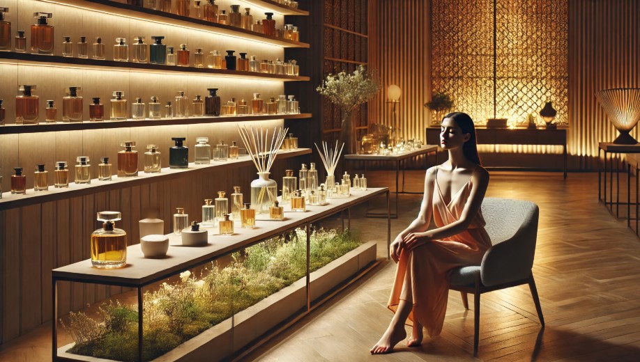 향기가 가득한 공간에 있는 여성