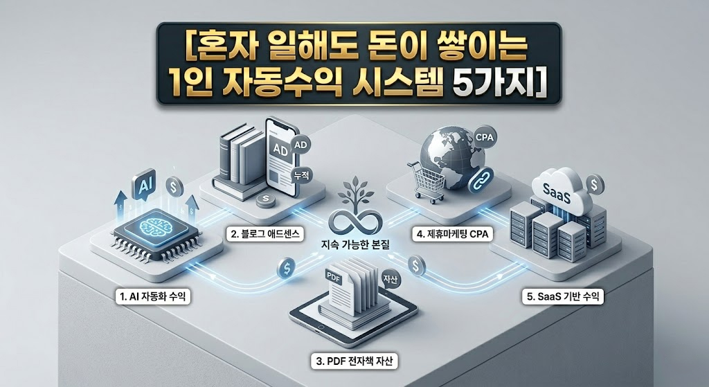 차분한 모노톤 배경의 블로그 썸네일. 중앙에는 한국어로 '1인 자동수익 시스템 5가지'라는 타이틀이 직관적으로 적혀 있고, 주변에는 AI 자동화, 전자책, 제휴 마케팅 등 파이프라인 시스템을 상징하는 심플한 그래픽 아이콘들이 깔끔하게 배치되어 있습니다.
