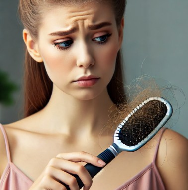 빗에 머리카락이 많이 있는 탈모가 진행되는 모습