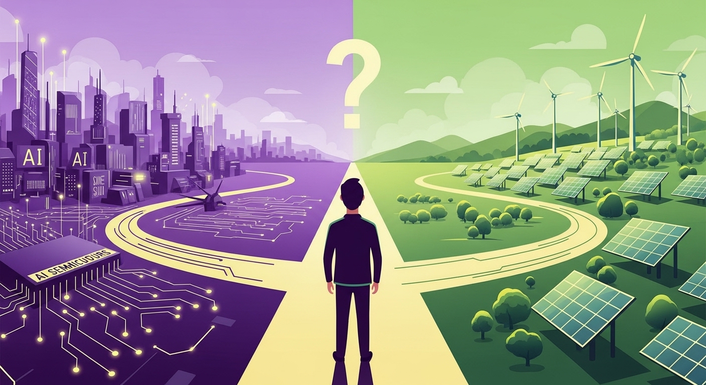 한 사람이 AI 반도체와 친환경 에너지라는 두 갈래 투자 길 앞에서 미래를 고민하는 모습을 담은 이미지.
