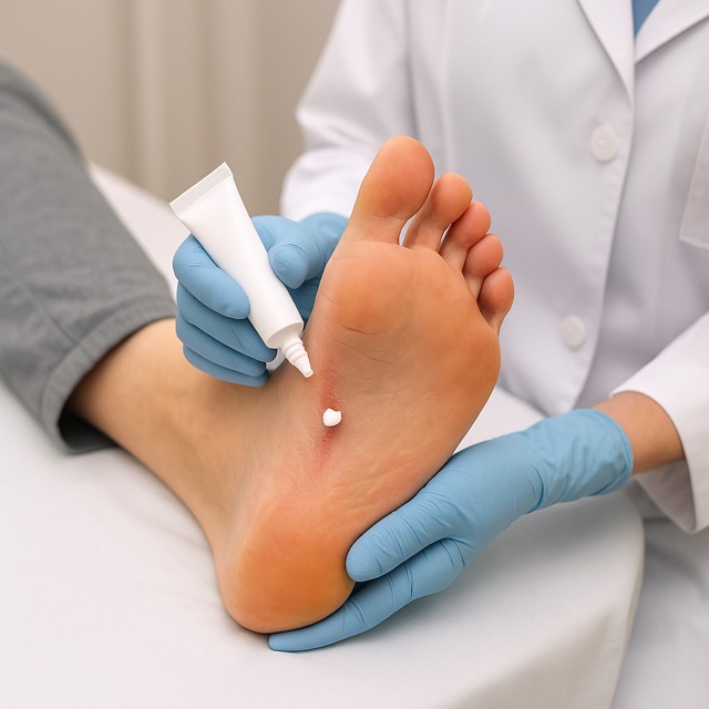피부과에서 발바닥 피부염 부위에 연고를 바르는 모습(출처: 자체제작)