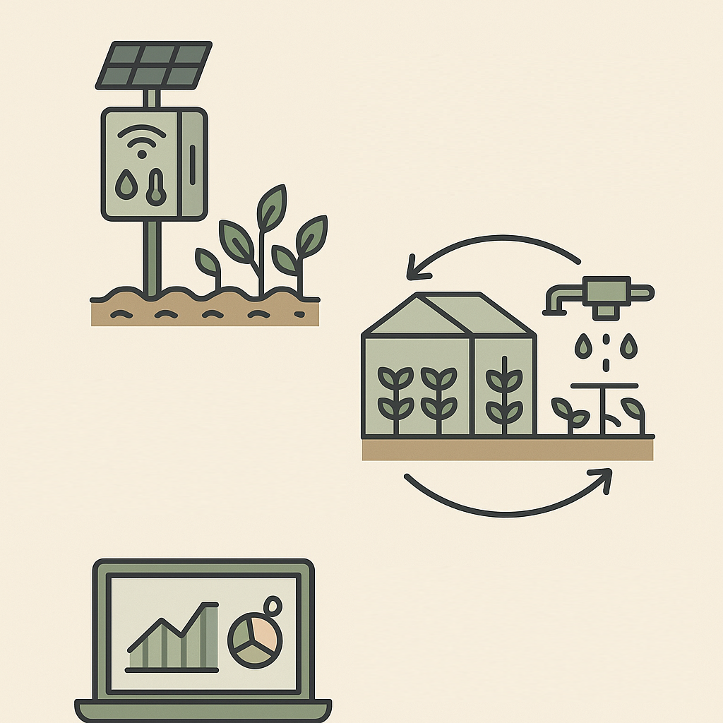 스마트 센서, 자동제어 시스템, 기후 데이터 분석을 기반으로 한 농업 재난 대응 구조를 시각화한 그림