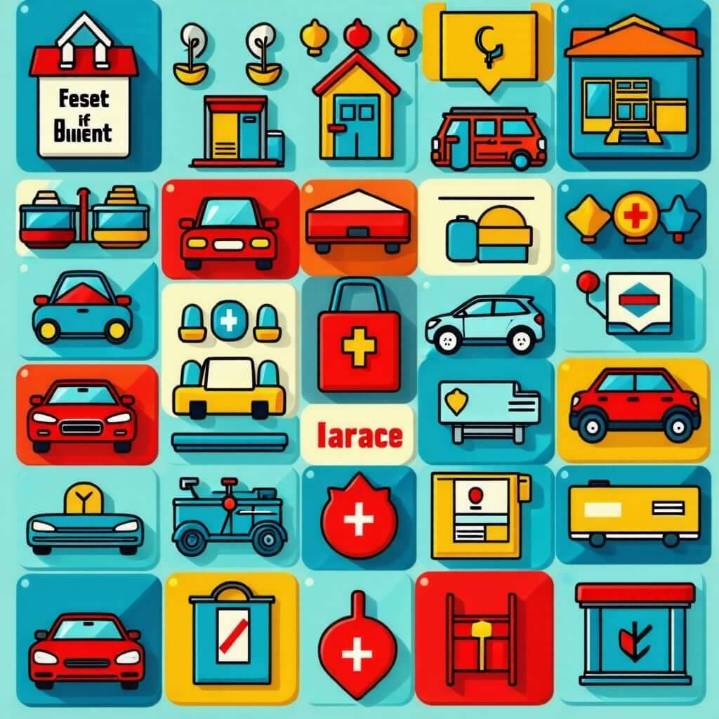 다양한 보험 관련 아이콘들 (예: 생명보험, 자동차보험, 건강보험 등)이 모여 있는 이미지. 각 아이콘은 색상과 디자인이 다르다.