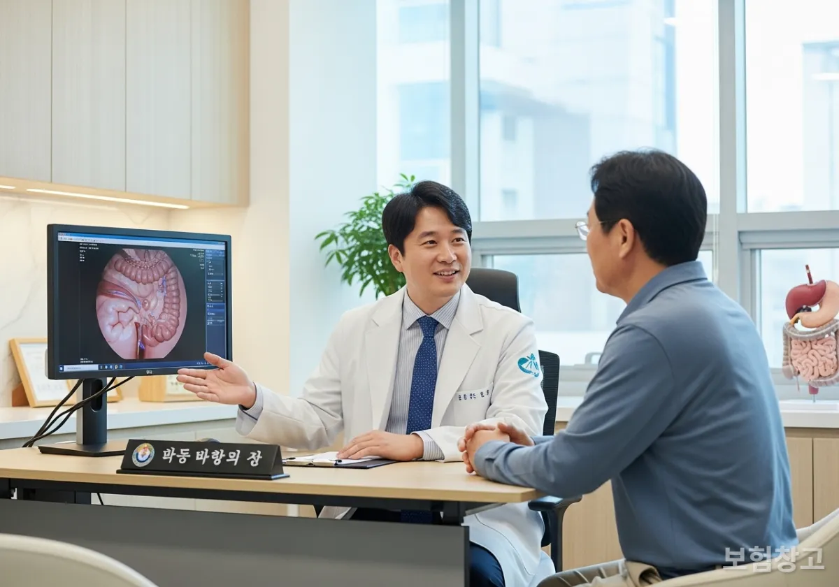 한국 병원 진료실에서 의사가 환자에게 대장내시경 결과를 설명하는 모습