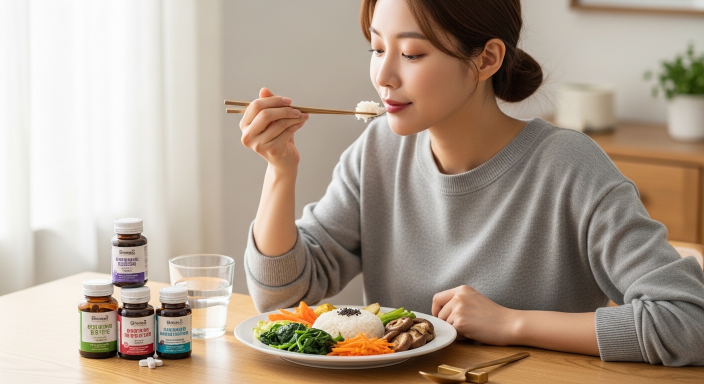젊은-여성이-밥-채소의-건강관리-라이프스타일-식단-장면