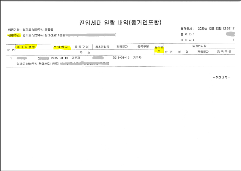 전입세대열람원 신주소 양식