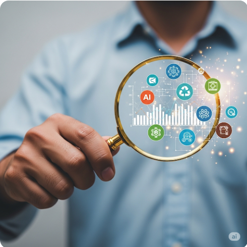 돋보기로 미래 산업 트렌드를 나타내는 그래프와 아이콘(AI, 친환경, 바이오 등)을 자세히 들여다보는 손. 옥석 가리기와 현명한 선택을 상징한다.