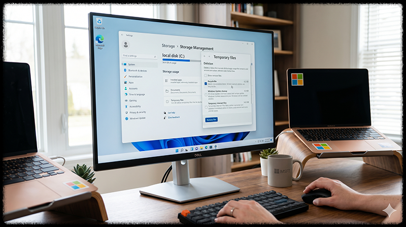 Windows 저장소 설정에서 임시 파일과 휴지통을 정리하는 모습