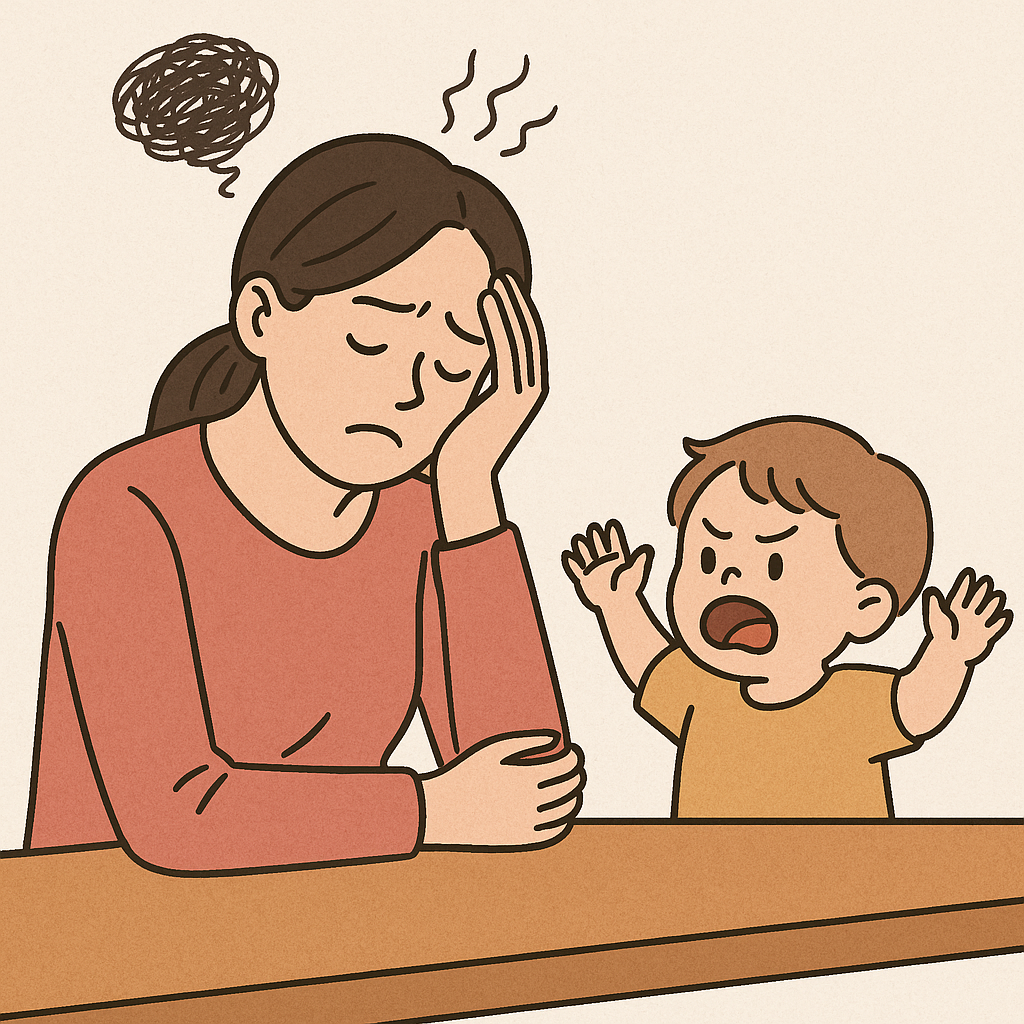 육아 스트레스로 고민하는 엄마의 일러스트