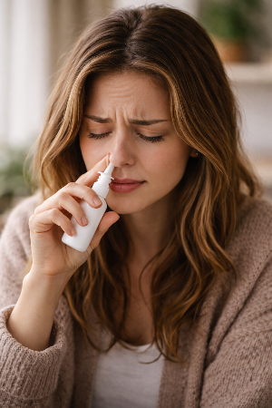 비강 스테로이드 스프레이 사용하는 모습