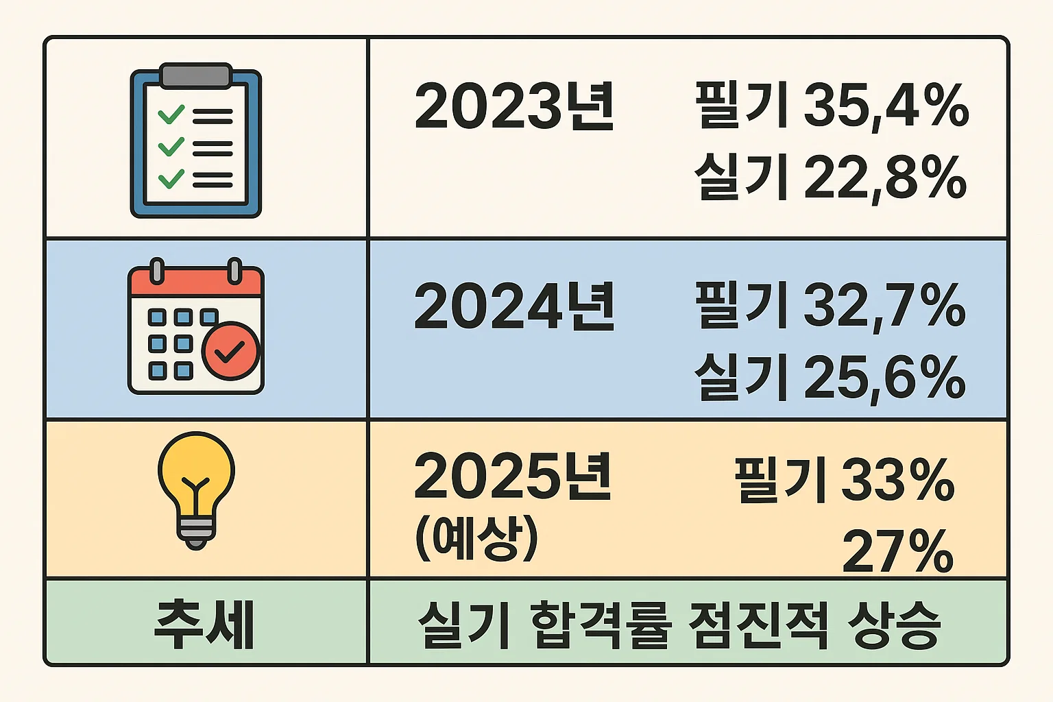 2023~2025년 필기와 실기 합격률 변화를 비교해 추세를 정리한 인포그래픽으로, 최근 합격률 상승 패턴을 시각적으로 표현했습니다.