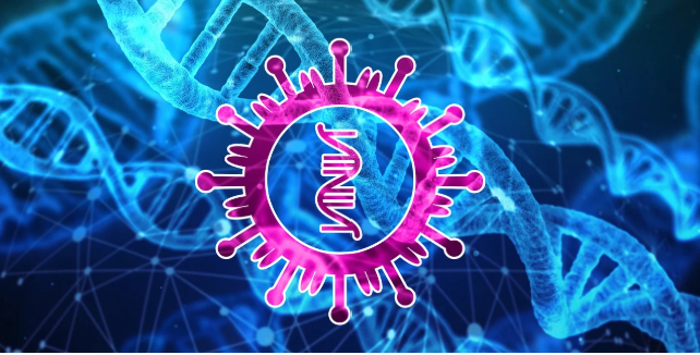 DNA 구조와 바이러스 형태를 형상화한 이미지로, 면역 시스템과 유전자 정보의 상호작용을 표현