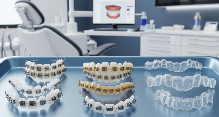 클리피씨, 인비절라인 등 다양한 치아교정 장치들이 가지런히 놓여 있는 모습. 개인에게 적합한 장치 선택의 중요성을 시사합니다.
