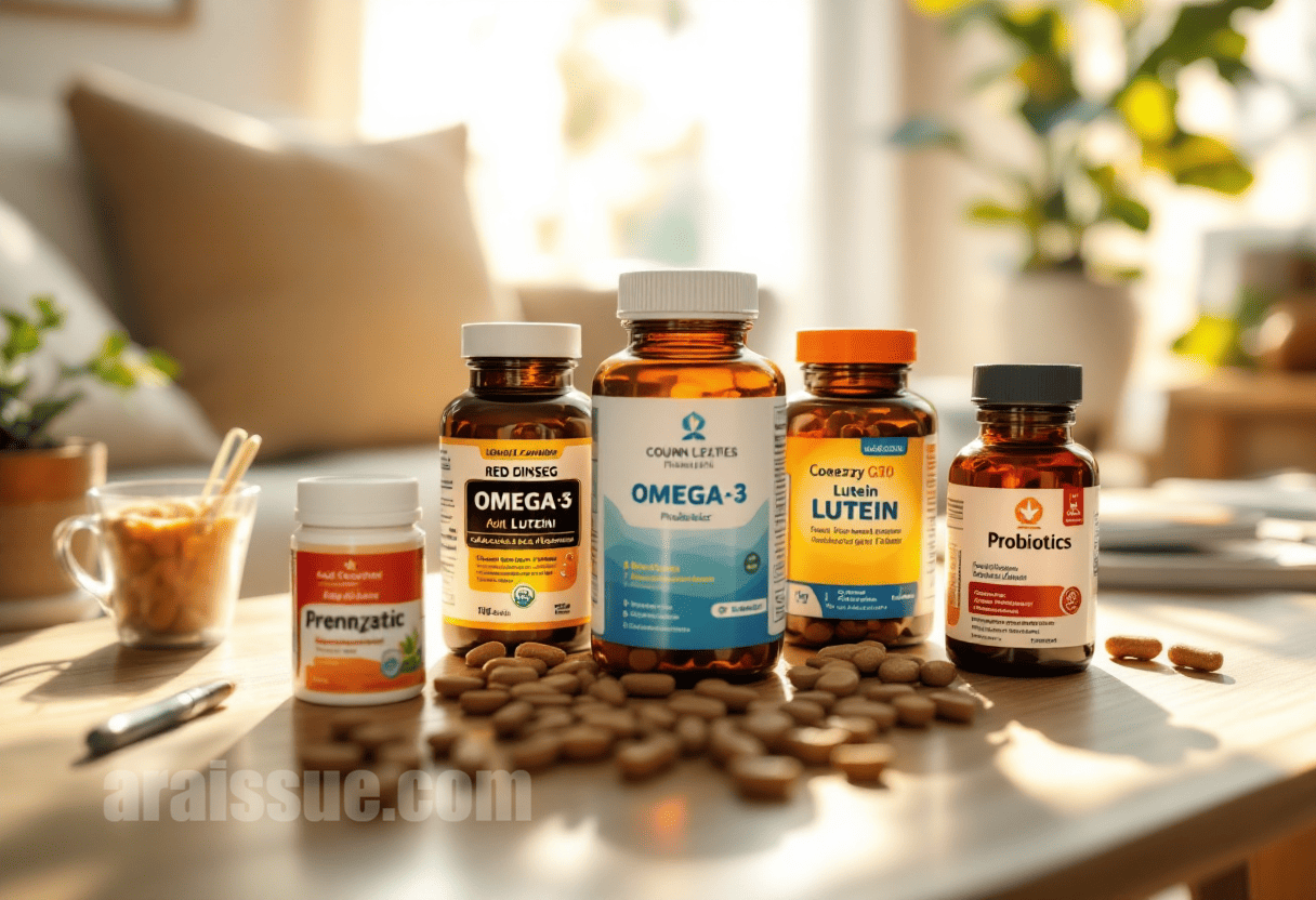 거실 탁자 위에 놓인 홍삼, 오메가3, 루테인, 프로바이오틱스, 코엔자임Q10 건강기능식품 제품들