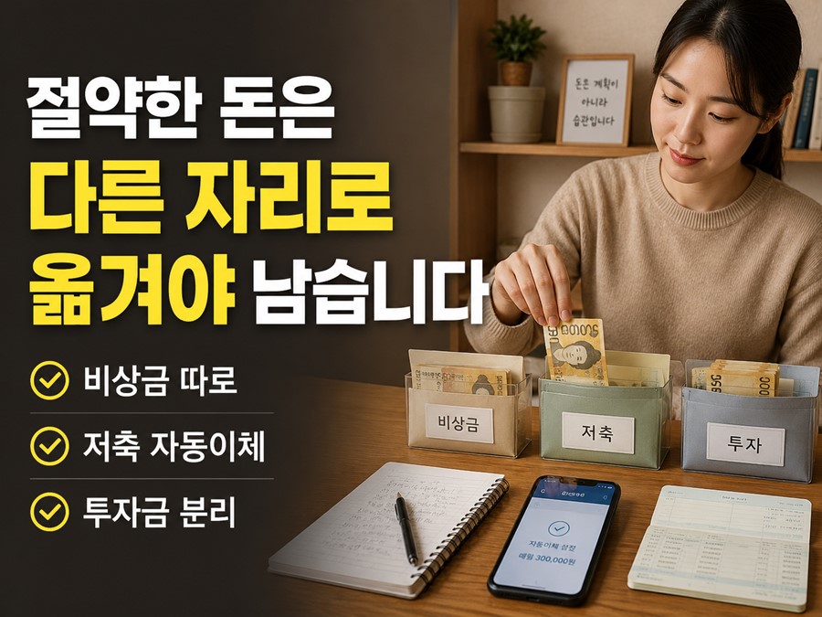 소비를 줄여 남긴 돈을 비상금, 저축, 투자 통장으로 옮겨 실제로 남게 만드는 방법을 설명하는 실전 점검표 이미지입니다.