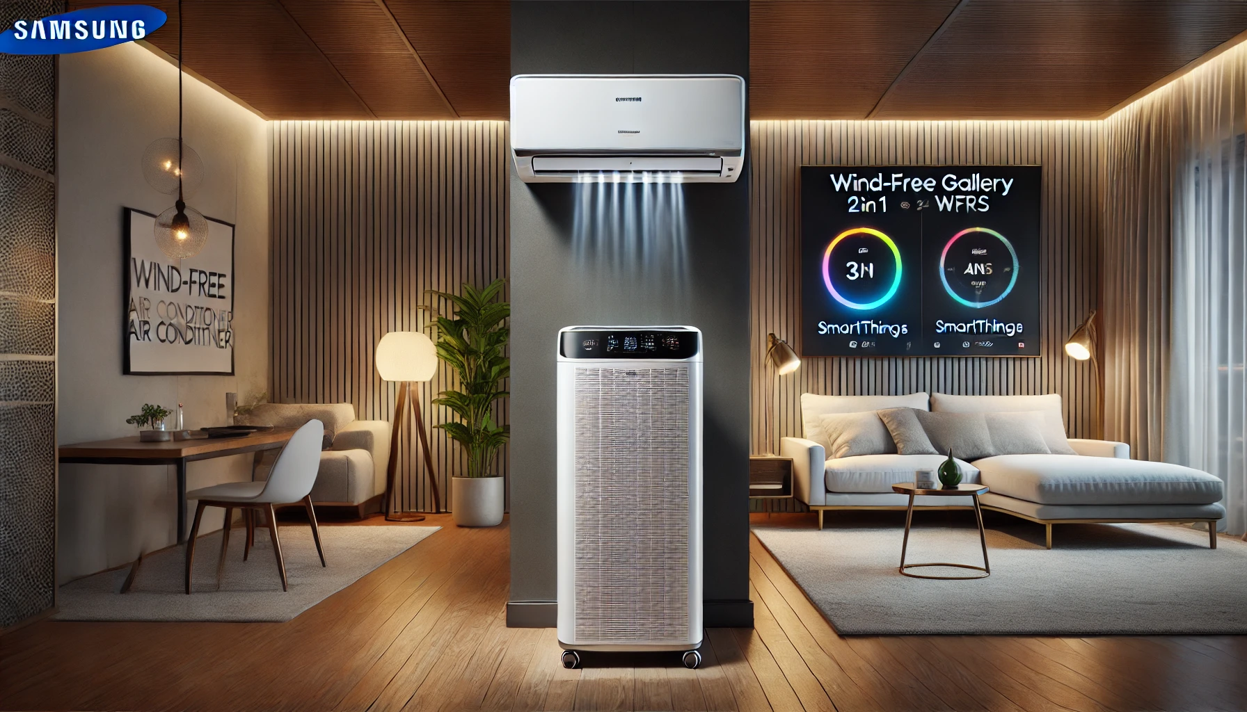 삼성 무풍 2in1 에어컨이 거실과 침실에서 동시에 작동 중인 모습