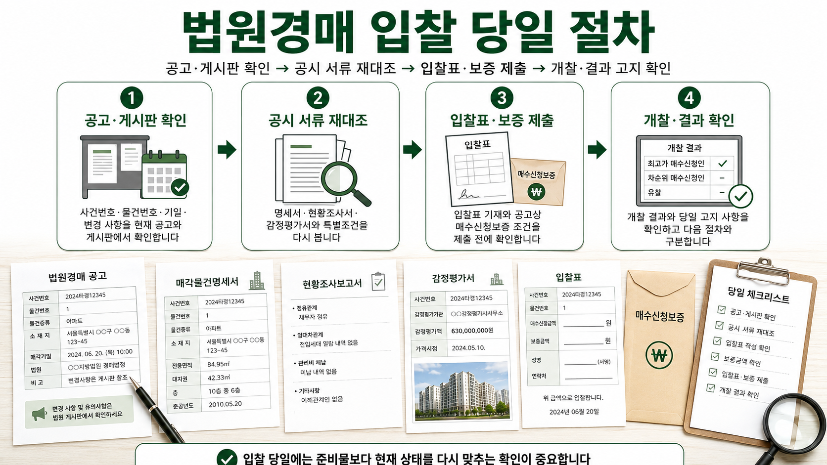 법원경매 입찰 당일의 공고 확인, 서류 대조, 입찰표·보증 제출, 개찰 결과 확인 순서