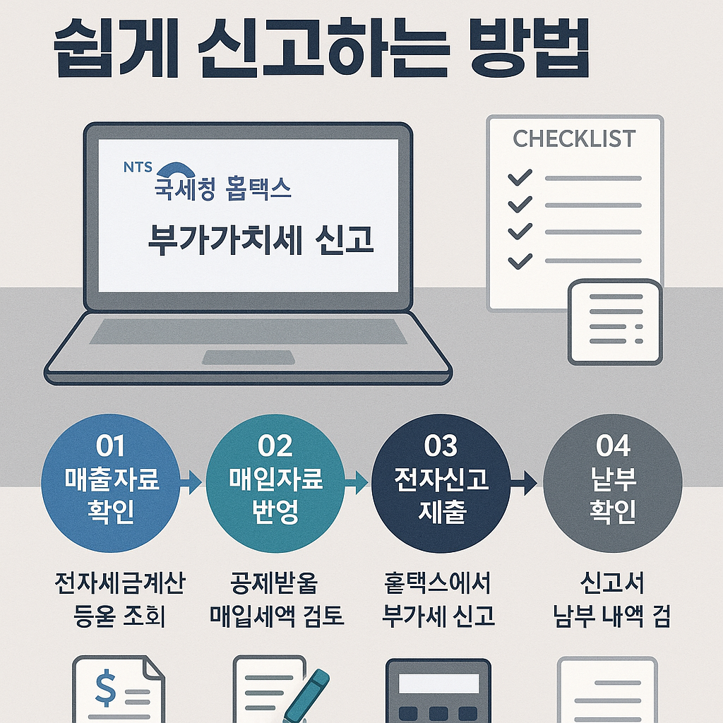 국세청 홈택스를 이용해 부가가치세를 쉽게 신고하는 과정을 단계별로 정리한 인포그래픽 – 매출자료, 매입자료, 신고 제출, 납부 확인 항목 포함