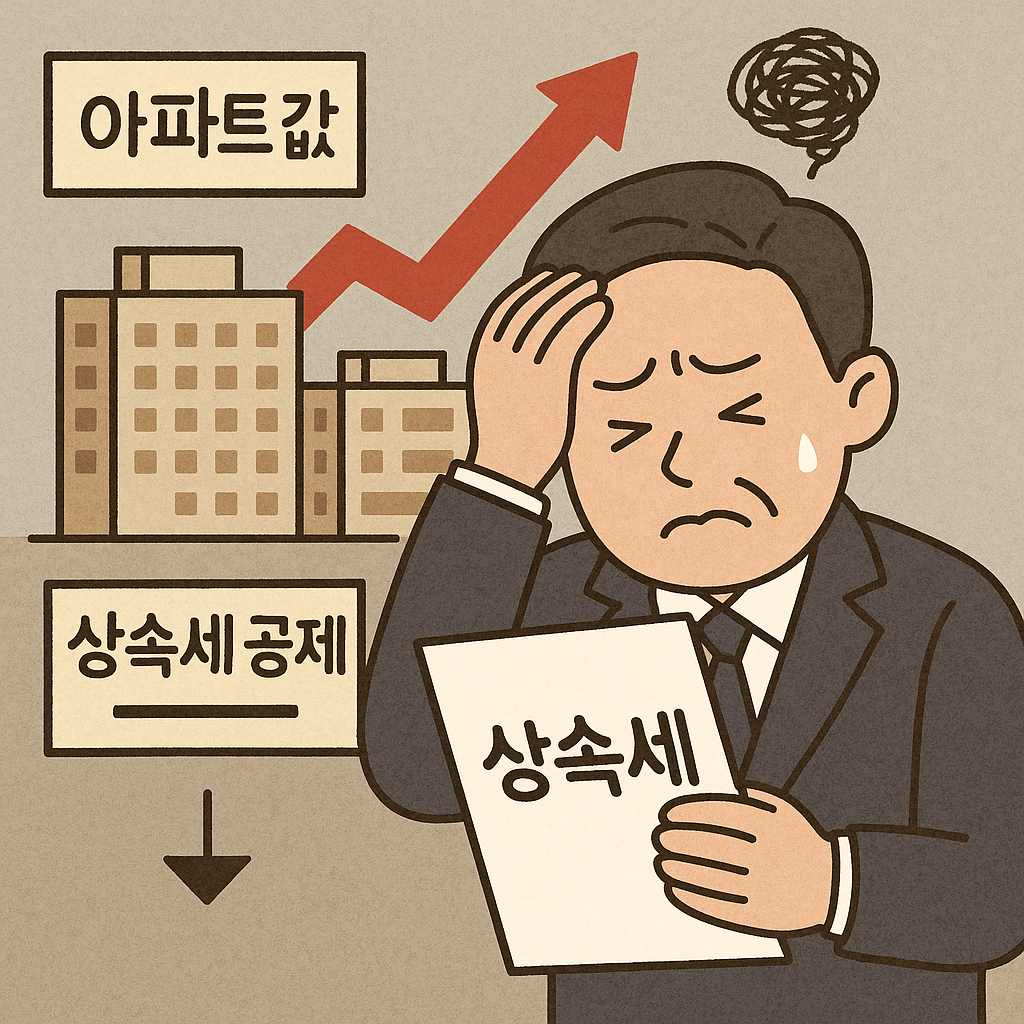 상속세를 걱정하는 남성, 아파트 값 상승과 상속세 공제 변화에 대한 고민을 표현한 일러스트