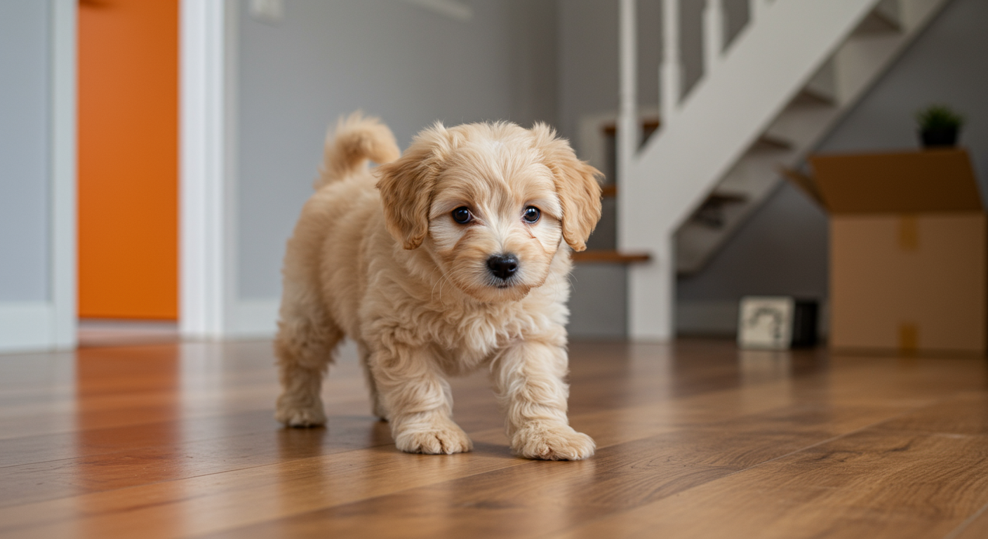 cute puppy entering new home for first time, looking curious and slightly nervous