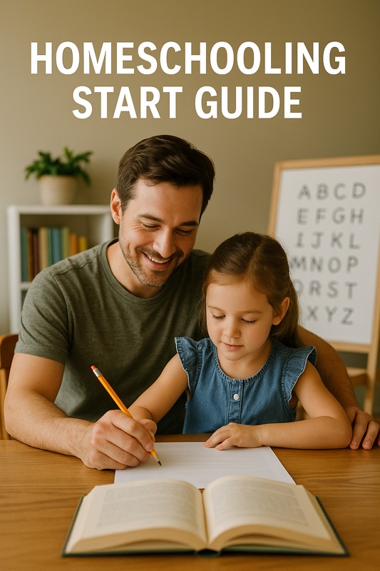 한 남성이 어린 소녀와 함께 책상에 앉아 홈스쿨링을 하는 모습. 두 사람은 공책 위에 글씨를 쓰고 있으며, 뒤에는 알파벳 차트가 놓여 있다. 상단에는 'HOMESCHOOLING START GUIDE'라는 문구가 적혀 있다.