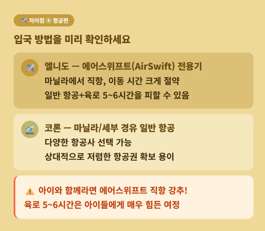 엘니도 직항 항공편과 코론 경유 항공편 이용 방법 및 장단점