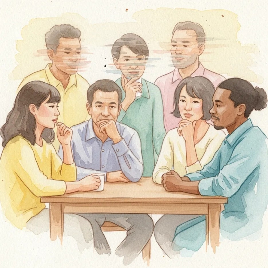 사람들이 모여 생각하는 모습.